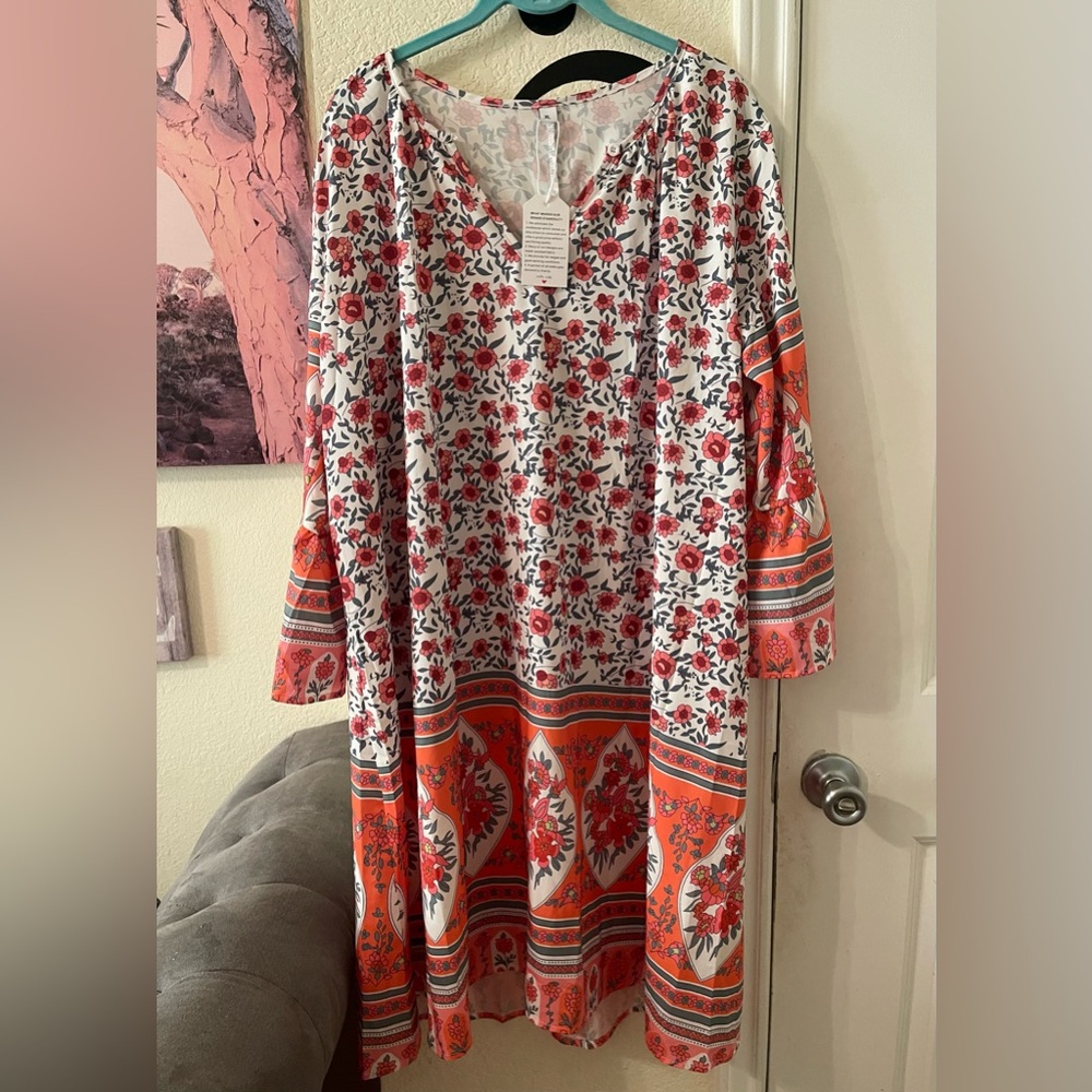 Plus Size Womens boho Floral Orange/white midi dress size XL NEW